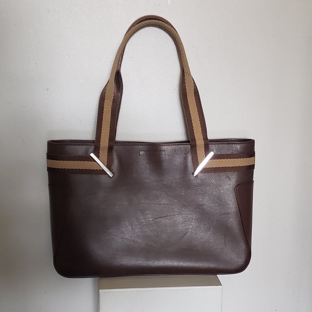 Gucci Brown Fourre Leather Purse w/ Canvas Straps & Silver, Monogram Interior